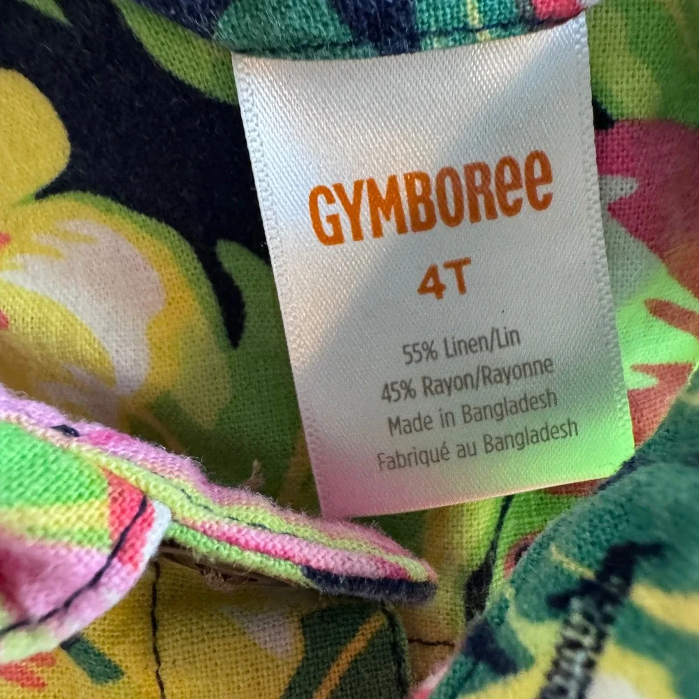 Gymboree Boys 4T Tropical Hibiscus Linen Blend Button Down Shirt Navy Pink Green